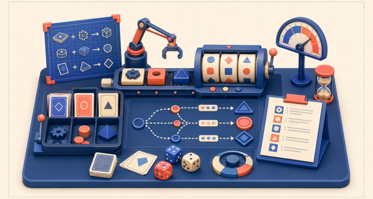 Atelier de conception avec cartes, dés, boucles de test et petite interface de casino placée à distance.